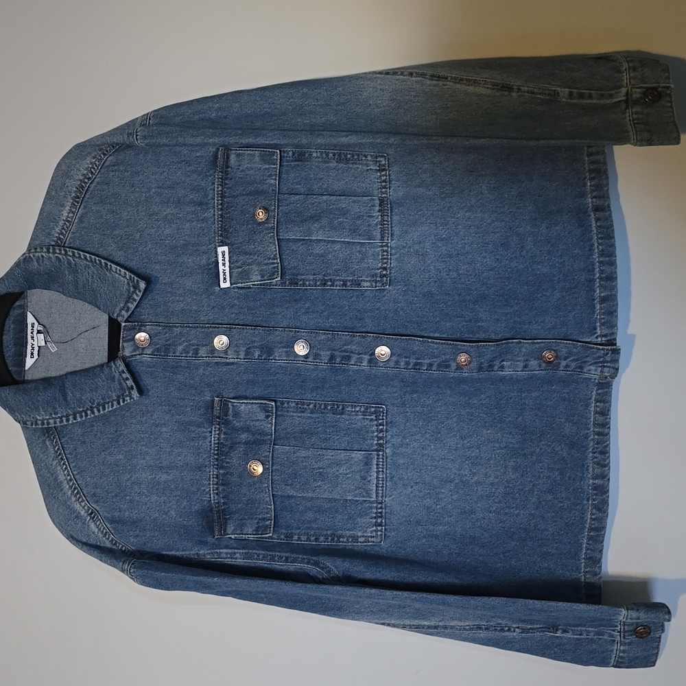DKNY Denim Button-Down Shirt Jacket in Medium Blue